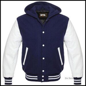 Wool and Leather Varsity Bomber Jacket with Hood